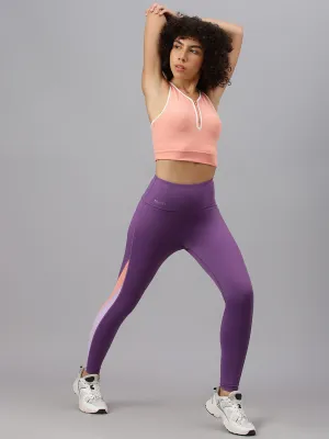 Fitkin Women's Purple Colourblock High Waist Yoga Tights