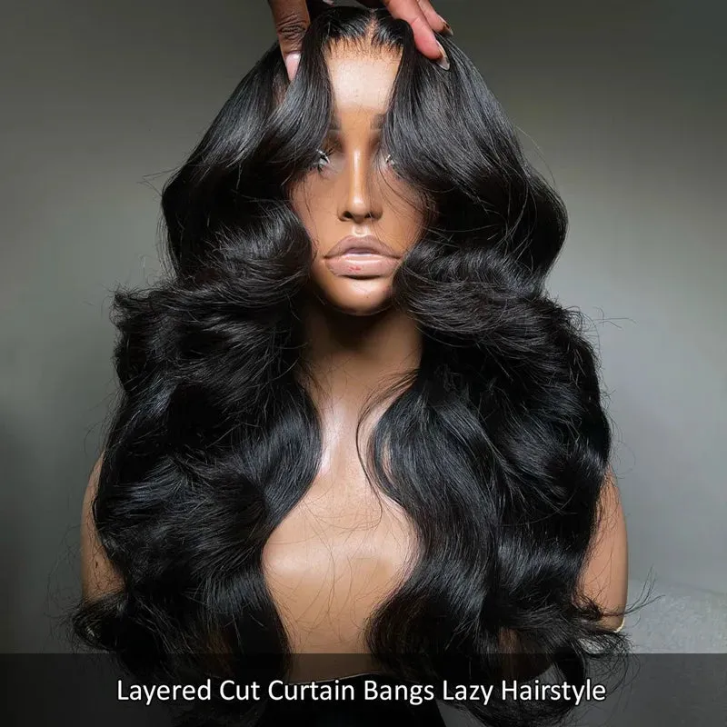 Flash Sale Face-Framing Curtain Bangs Body Wave Pre-Plucked HD Transparent Lace Wig Lazy Hairstyle Butterfly Cut Human Hair