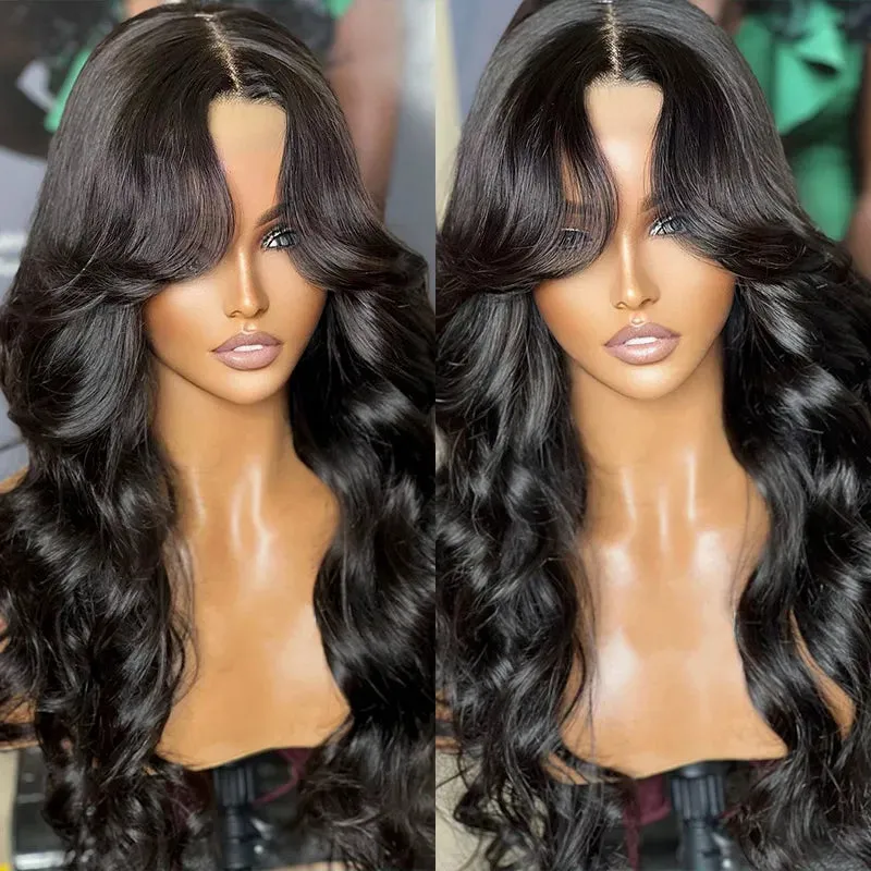 Flash Sale Face-Framing Curtain Bangs Body Wave Pre-Plucked HD Transparent Lace Wig Lazy Hairstyle Butterfly Cut Human Hair