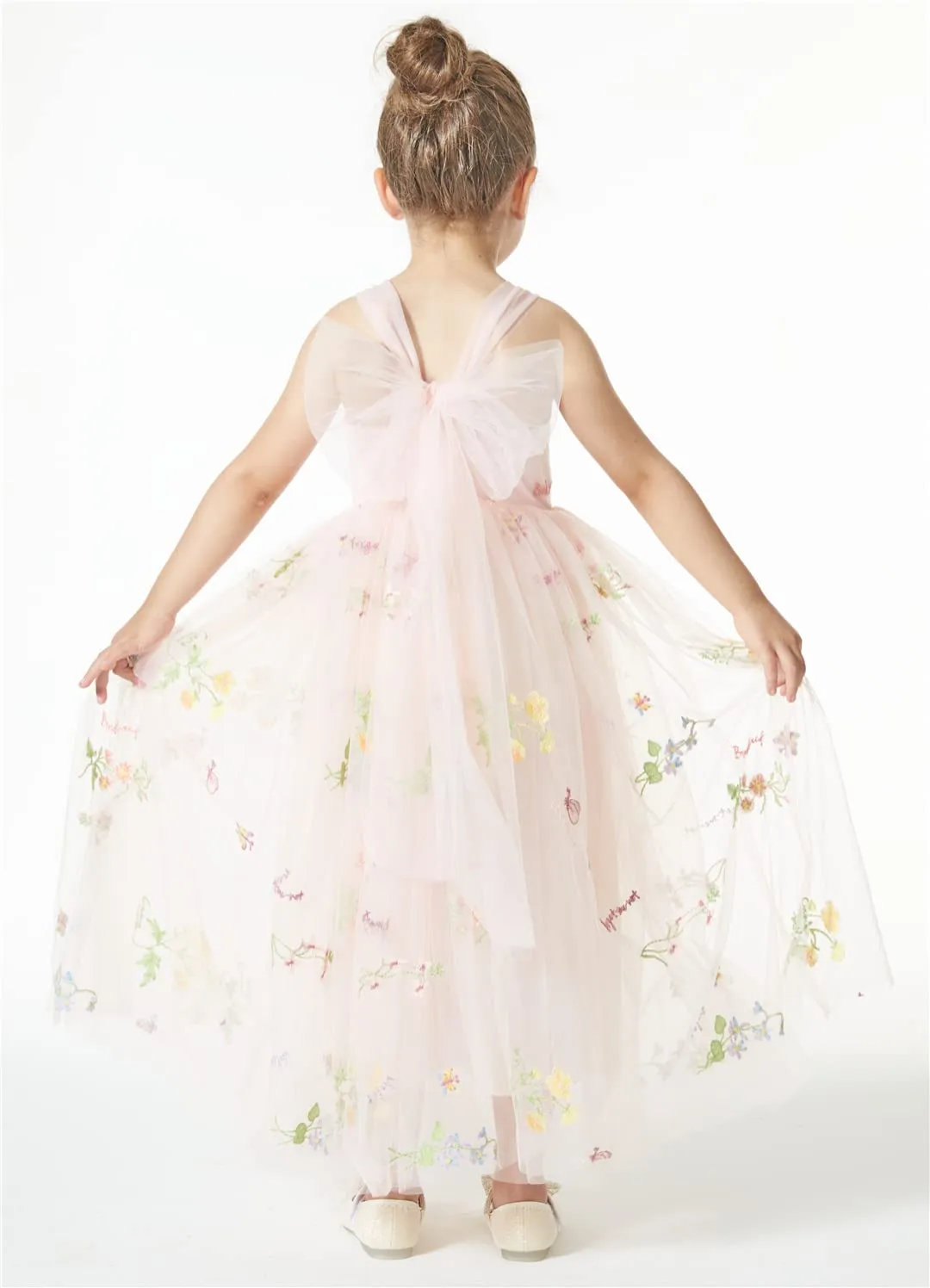 Floral Embroidered Tulle Strap Girl Dress in Pink