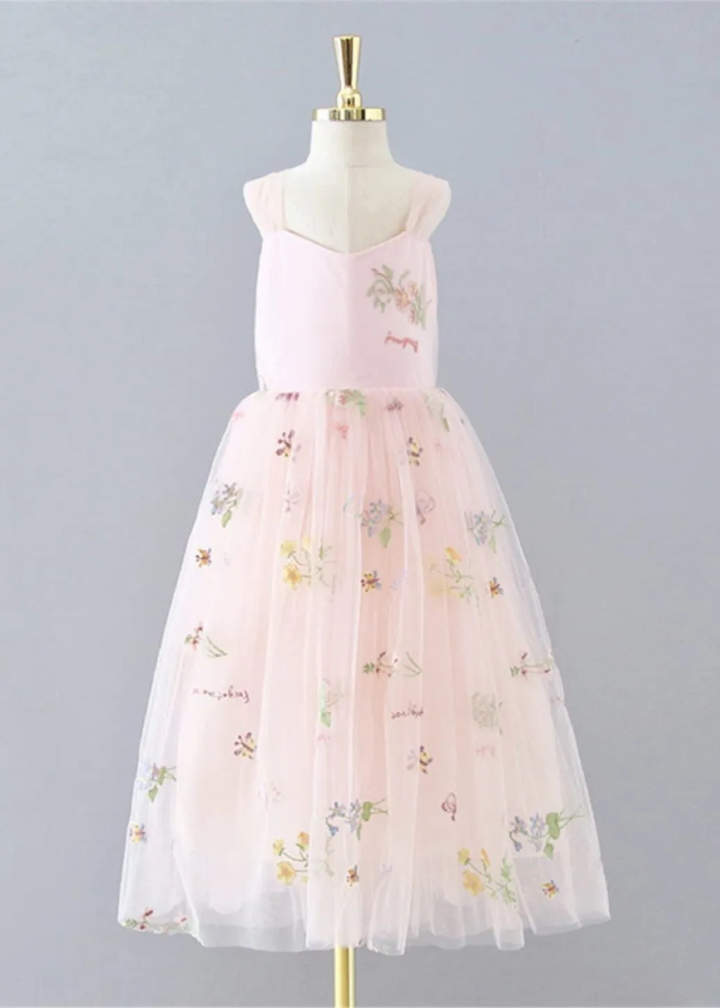 Floral Embroidered Tulle Strap Girl Dress in Pink