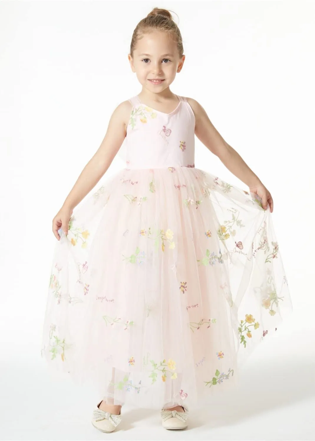 Floral Embroidered Tulle Strap Girl Dress in Pink