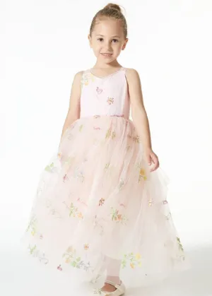 Floral Embroidered Tulle Strap Girl Dress in Pink