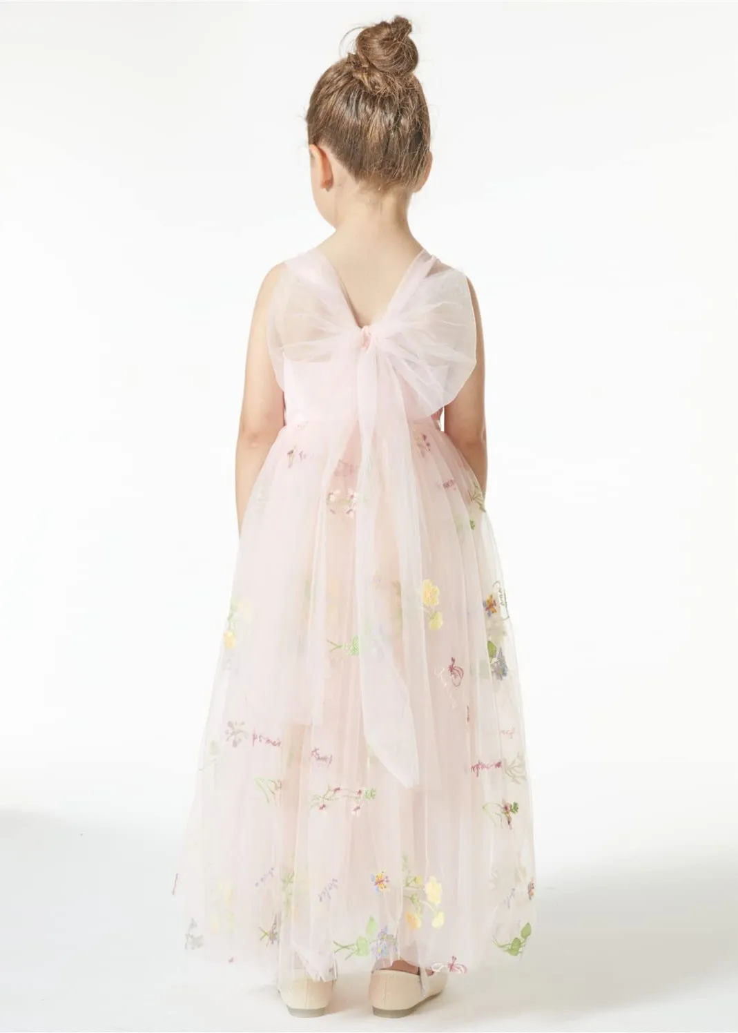 Floral Embroidered Tulle Strap Girl Dress in Pink