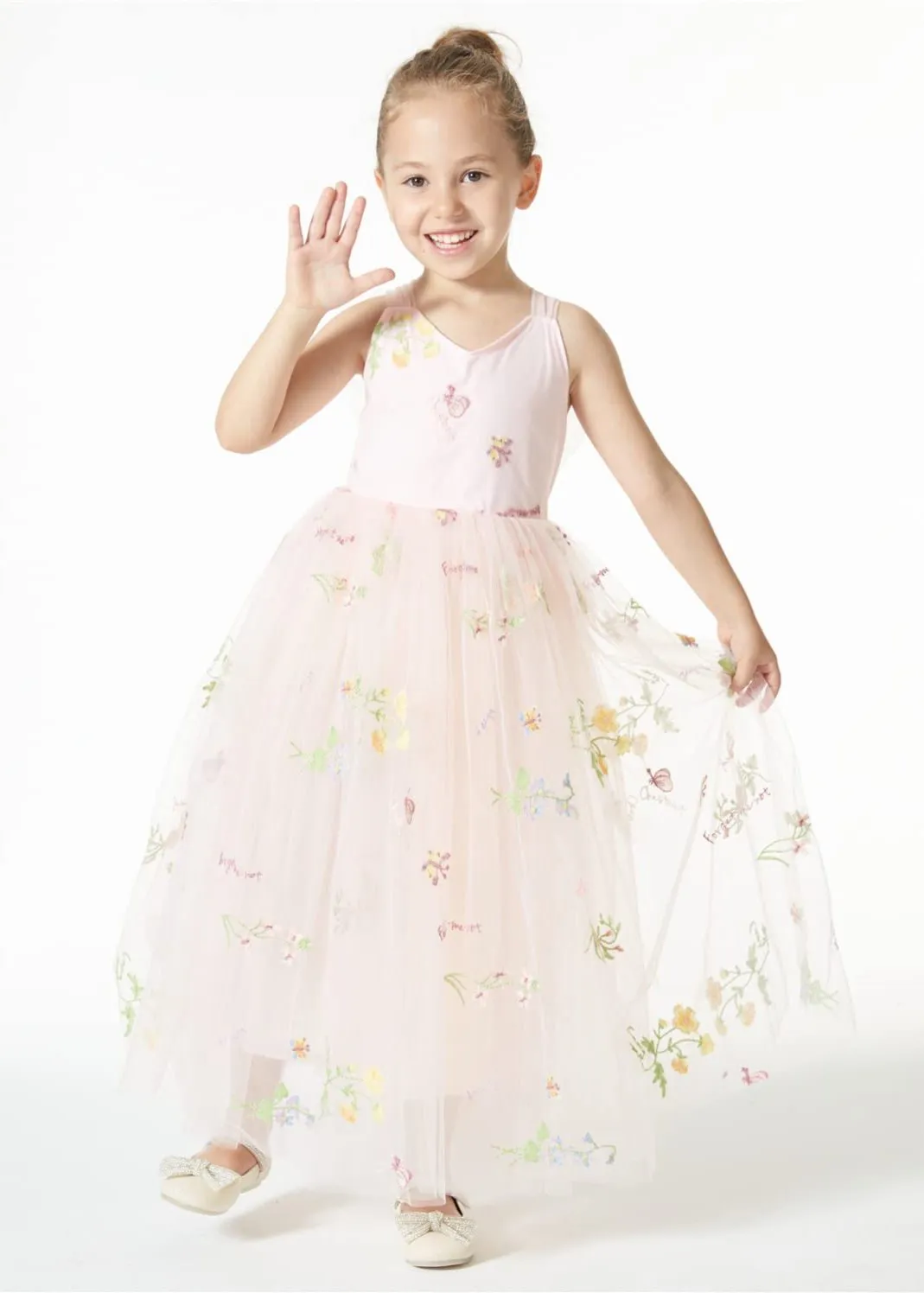 Floral Embroidered Tulle Strap Girl Dress in Pink