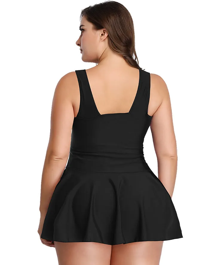 FULLFITALL-Black V-Neck Skirt One Piece Swimdress