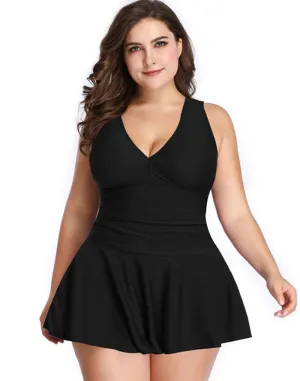 FULLFITALL-Black V-Neck Skirt One Piece Swimdress