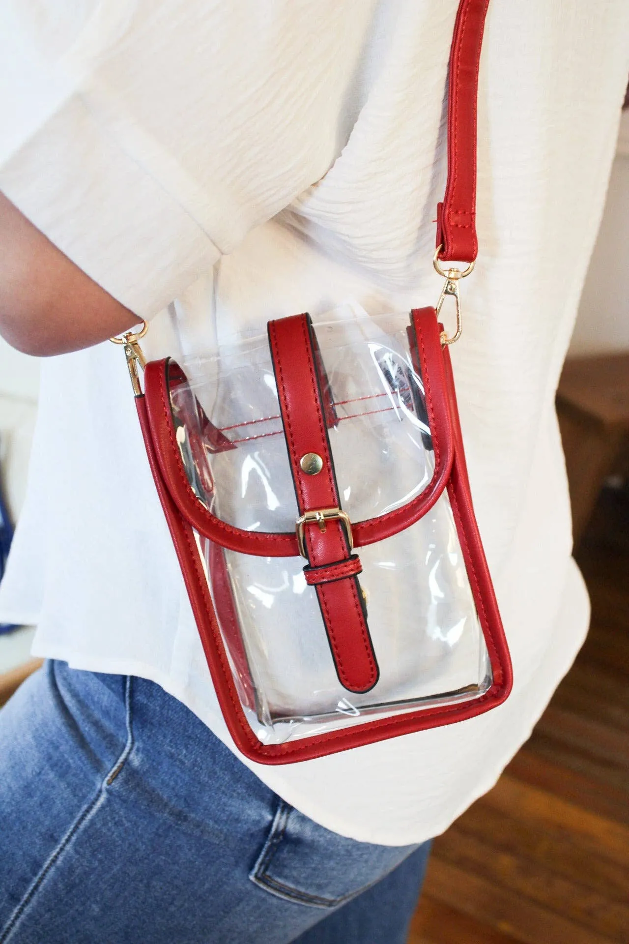 Game Day Clear Buckle Strap Mini Crossbody Bag: Red