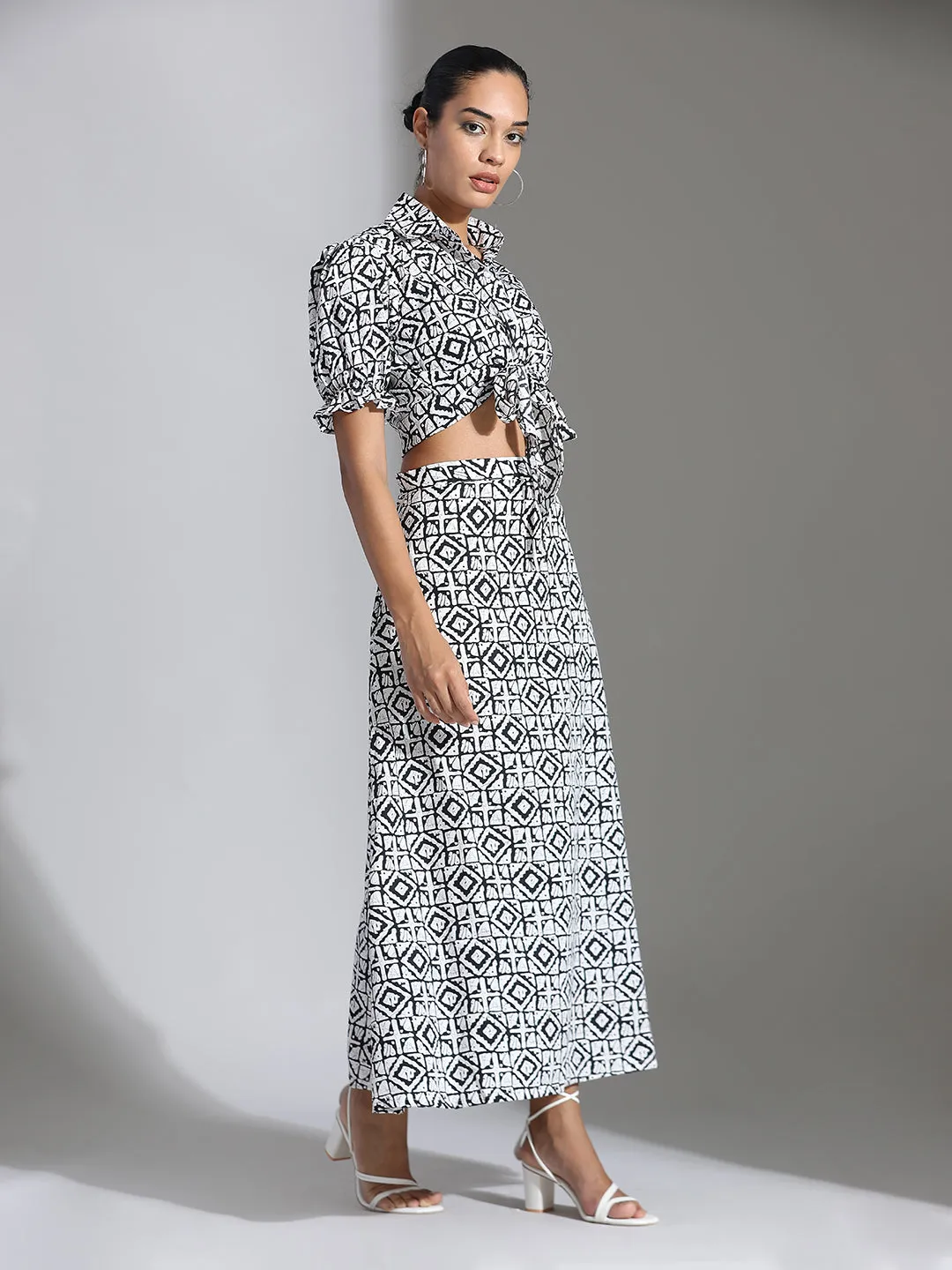 Geometric Printed Crop Top With Skirt Co-ord Set
