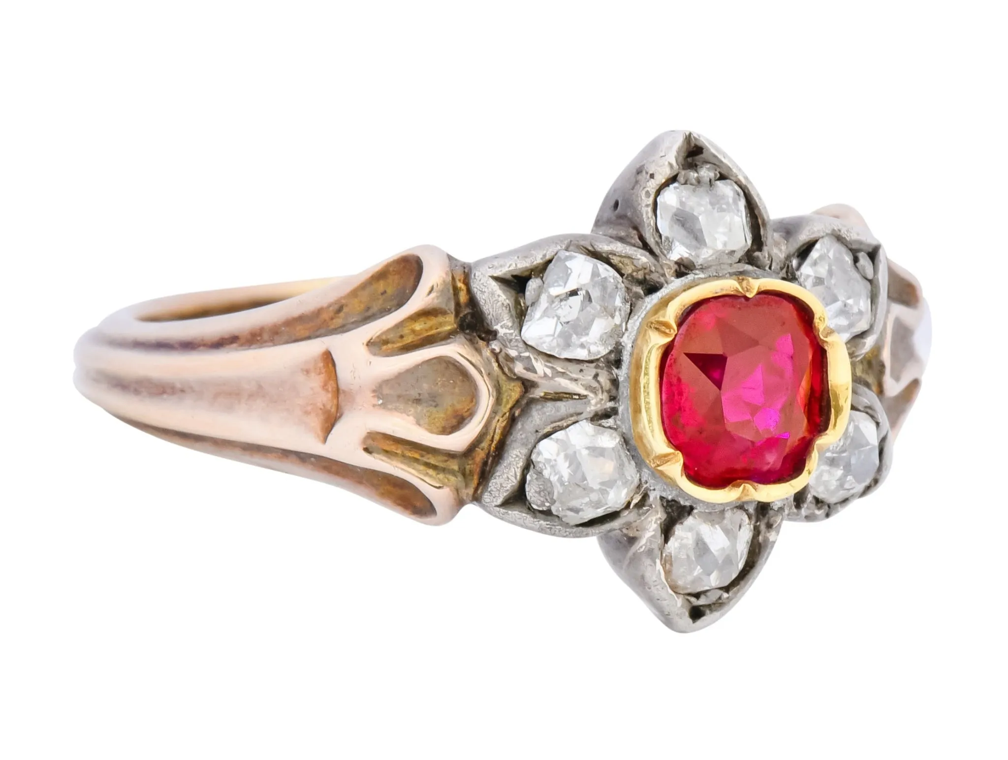 Georgian Diamond Ruby Silver 14 Karat Gold Cluster Ring Circa 1870