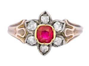 Georgian Diamond Ruby Silver 14 Karat Gold Cluster Ring Circa 1870
