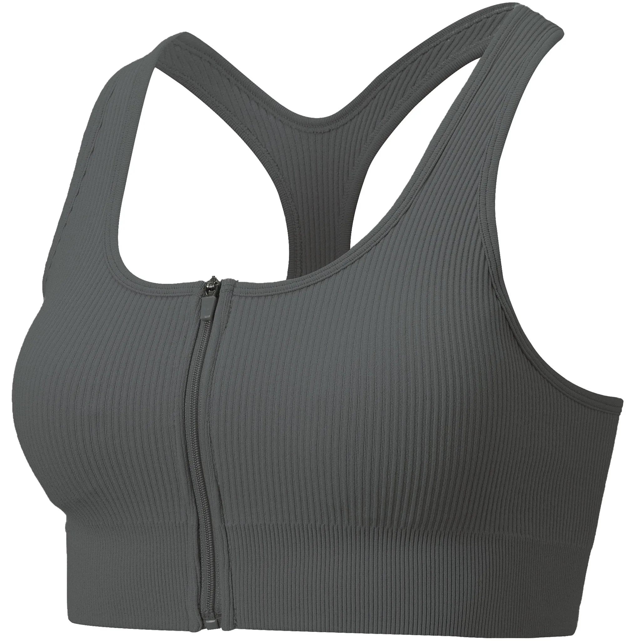 Gloria Gray Rib Knit Full-Zip Activewear Top