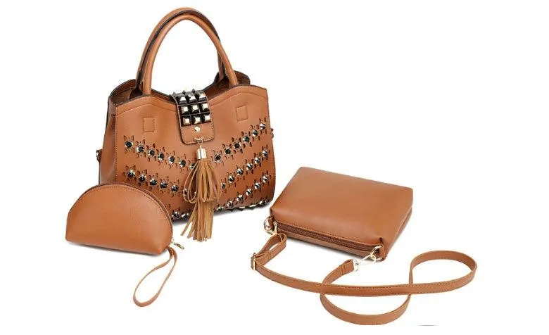 Golden metalic Design 3 in 1 woman Apricot Handbags