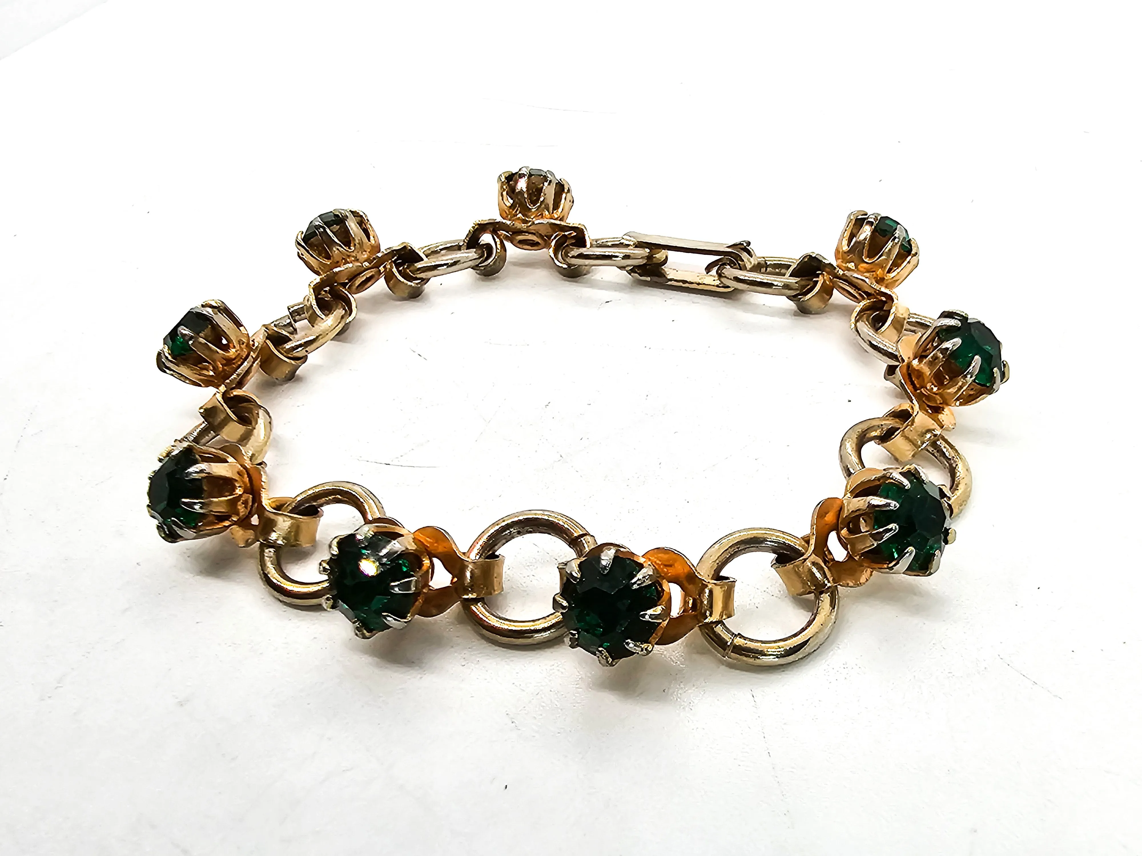 Green and gold toned vintage rhinestone tennis bracelet mid century
