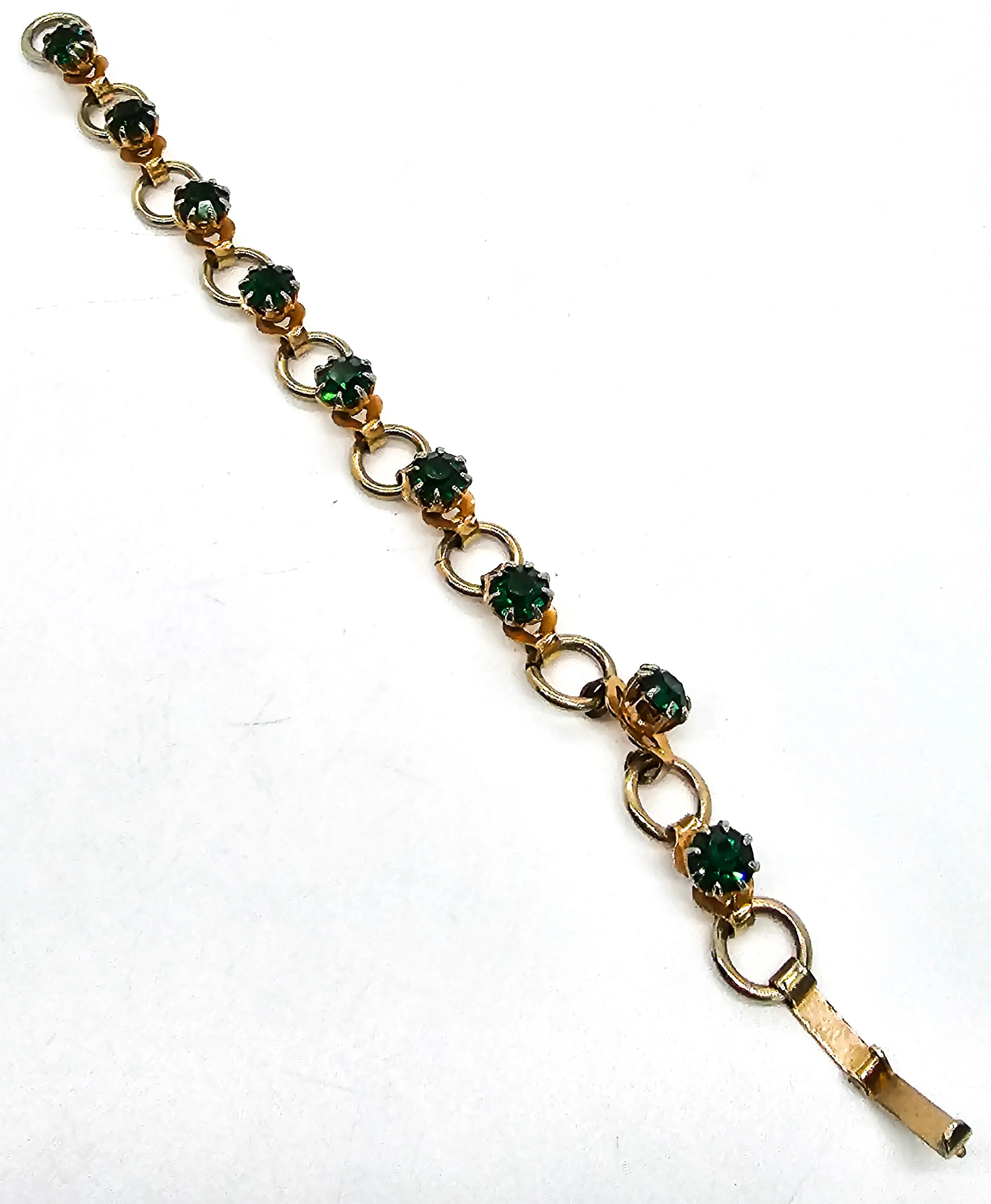 Green and gold toned vintage rhinestone tennis bracelet mid century