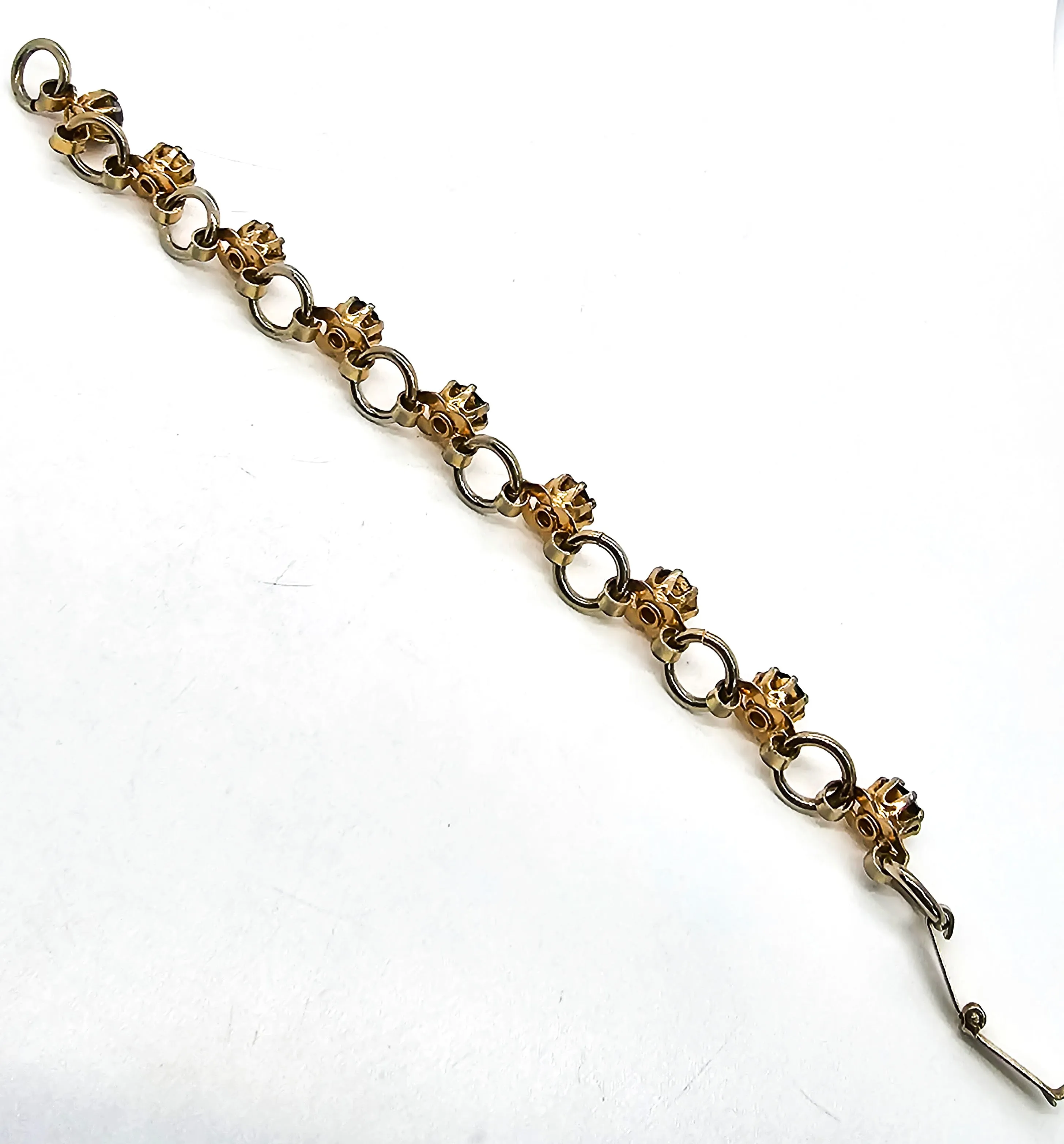 Green and gold toned vintage rhinestone tennis bracelet mid century