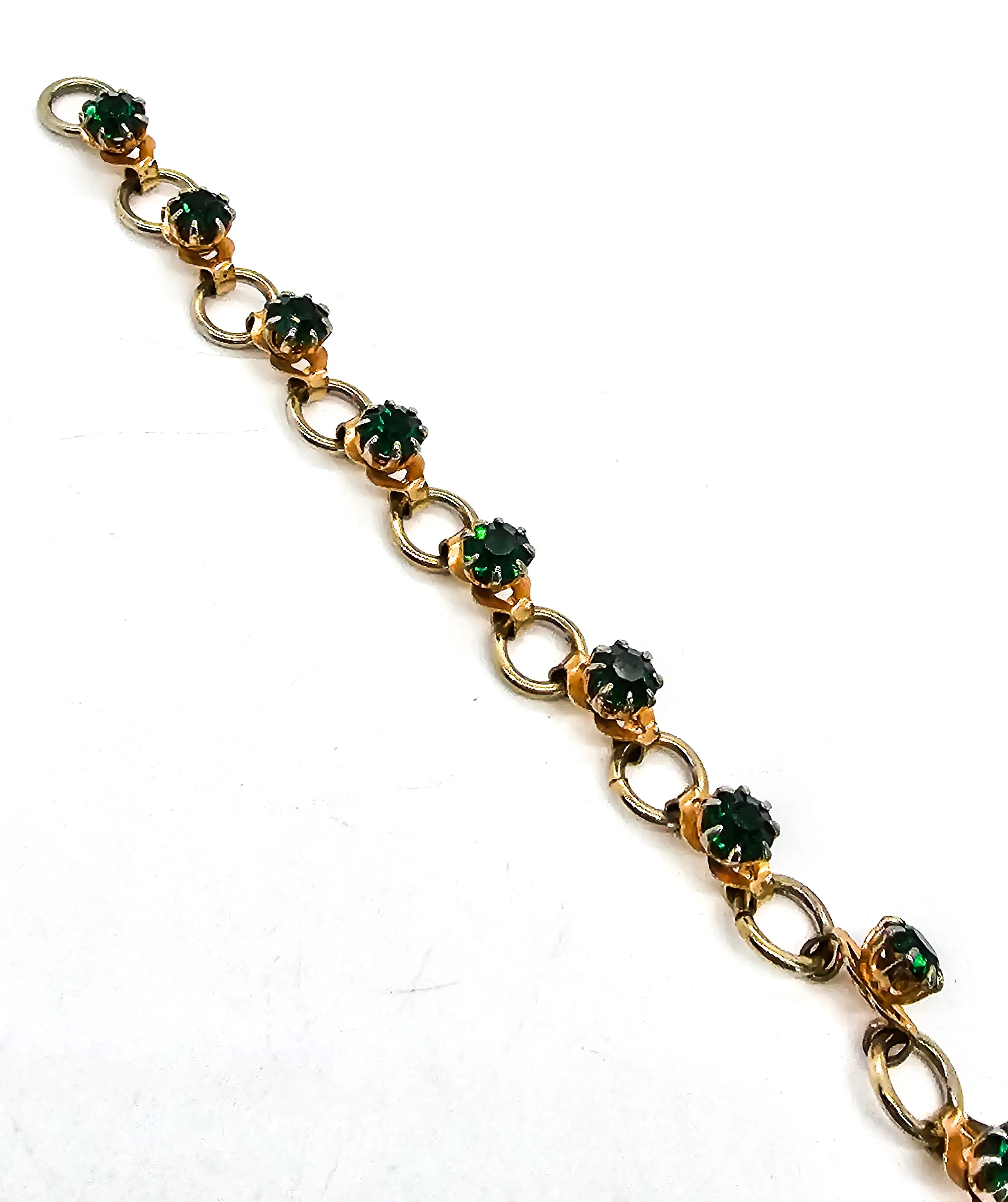 Green and gold toned vintage rhinestone tennis bracelet mid century