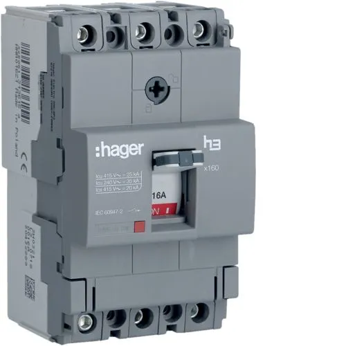 Hager HHA016Z 16A 25kA Triple Pole Fixed Thermal TM MCCB h3 x160