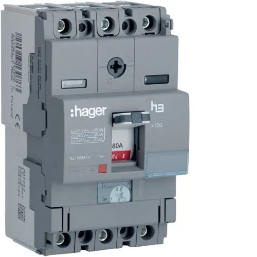 Hager HHA080U 80A 25kA Triple Pole Adjustable Thermal TM MCCB h3 x160