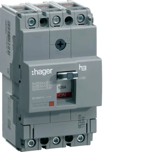 Hager HHA125U 125A 25kA Triple Pole Adjustable Thermal TM MCCB h3 x160