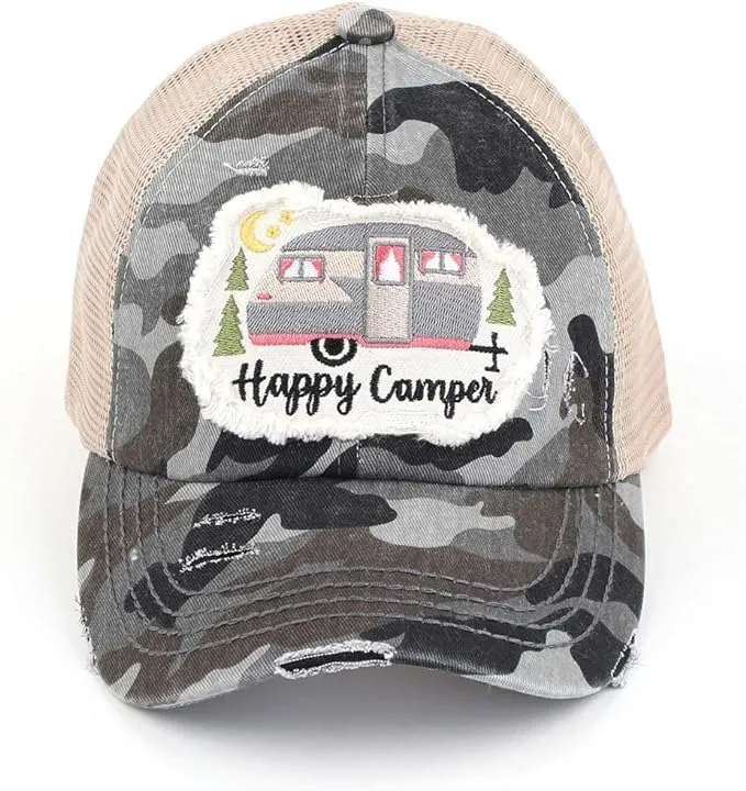 Happy Camper Criss Cross Saying Ponytail Hat by Funky Junque