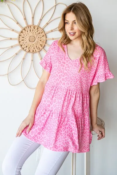 Haylin Full Size Leopard Ruffle Trim Short Sleeve Top