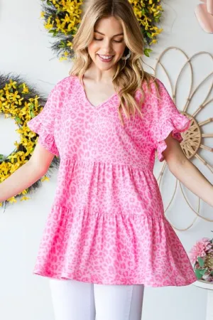 Haylin Full Size Leopard Ruffle Trim Short Sleeve Top
