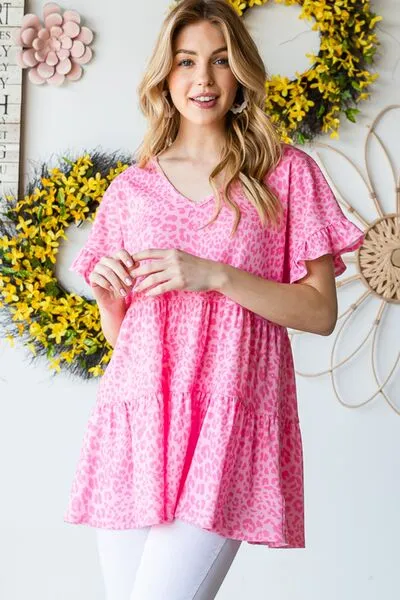 Haylin Full Size Leopard Ruffle Trim Short Sleeve Top