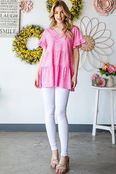 Haylin Full Size Leopard Ruffle Trim Short Sleeve Top