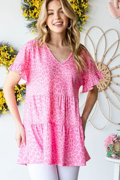 Haylin Full Size Leopard Ruffle Trim Short Sleeve Top