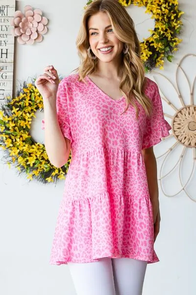 Haylin Full Size Leopard Ruffle Trim Short Sleeve Top