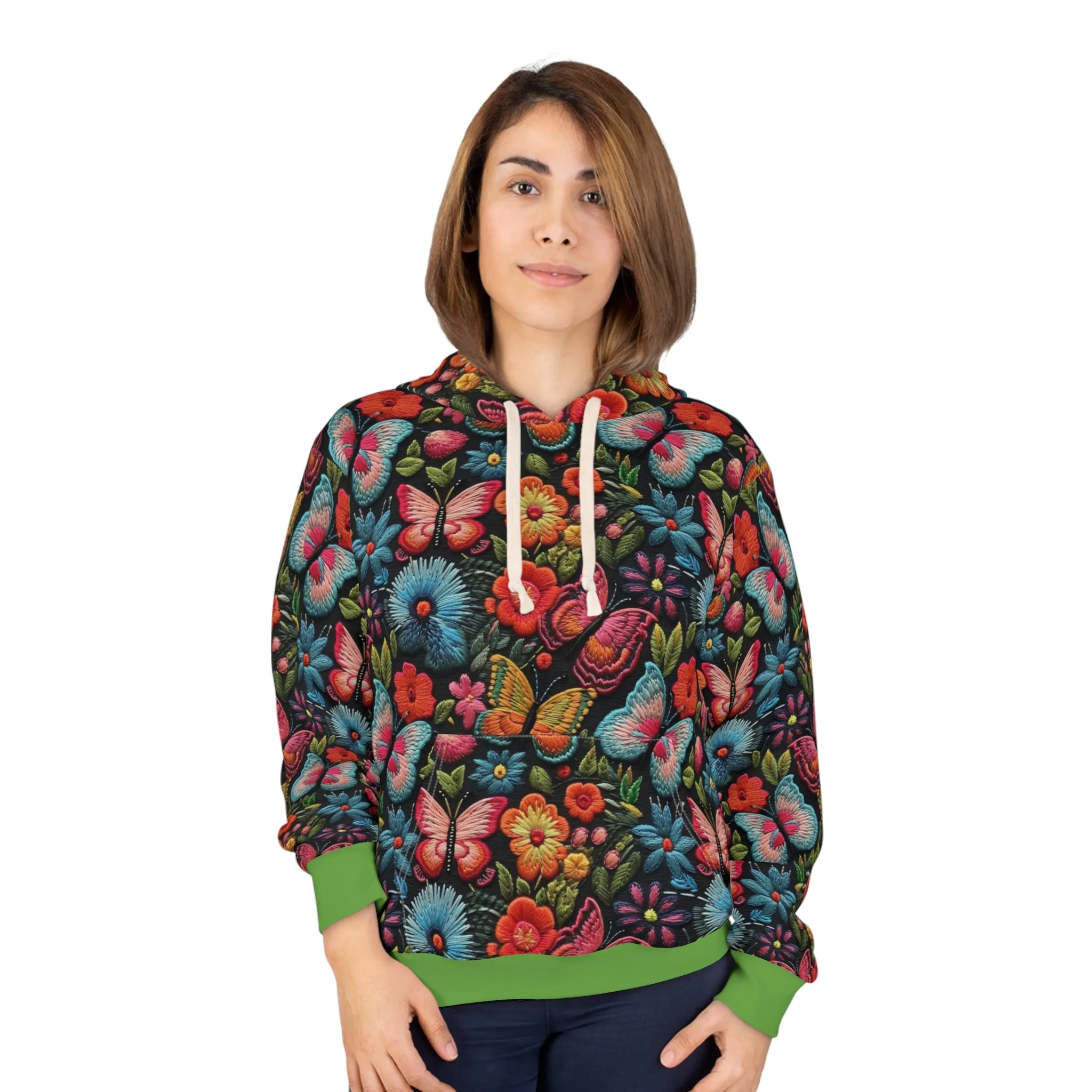 Hoodie Butterflies Flowers with Faux Embroidery Pullover Sweatshirt