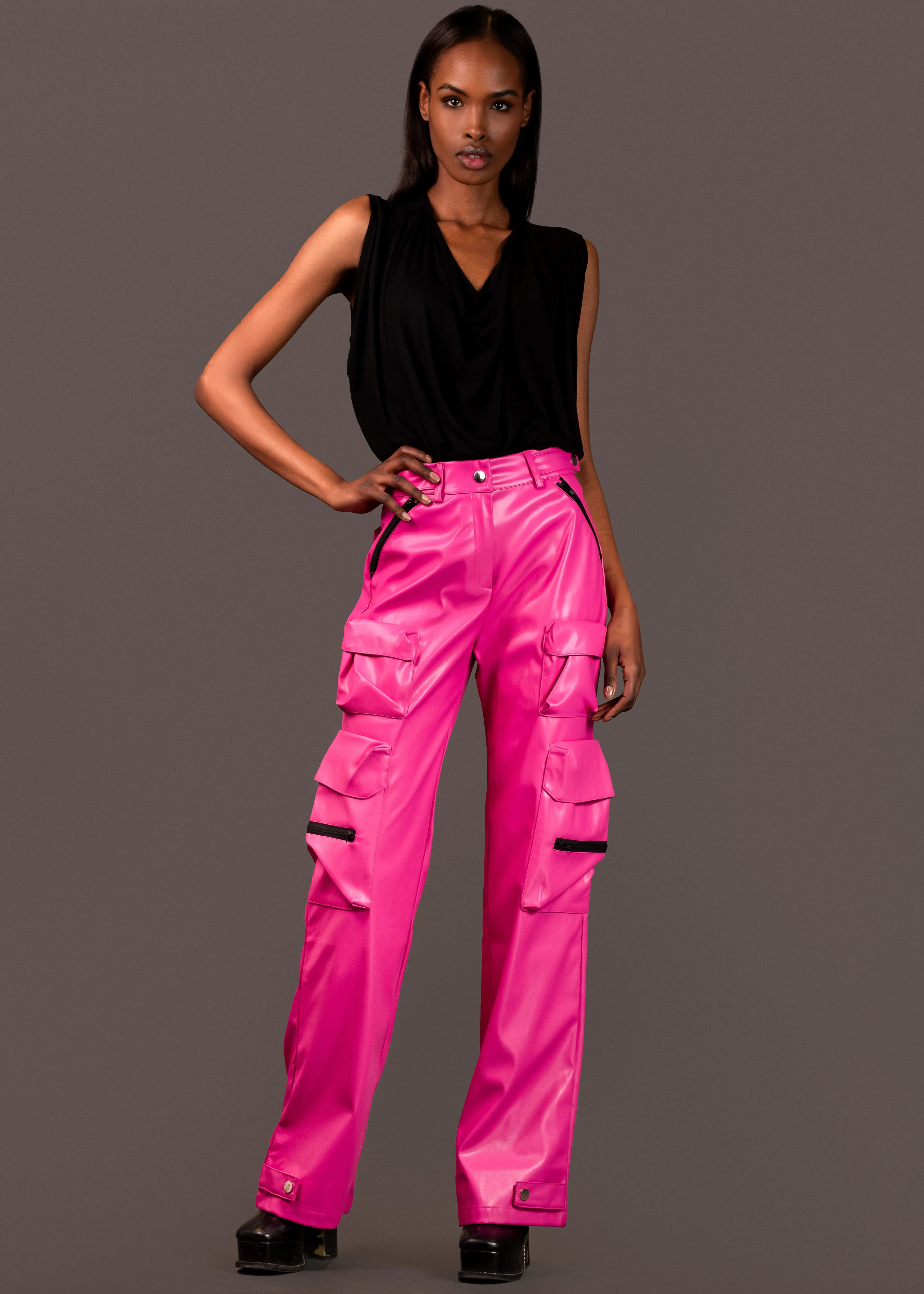 Hot Pink Vegan Leather Cargo Pant