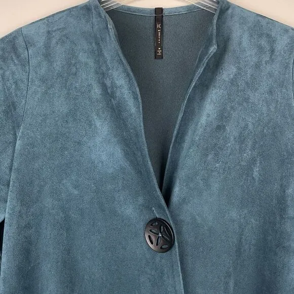 IC by CONNIE K Faux Suede One Button Blazer Jacket Size M Teal Asymmetrical Boho
