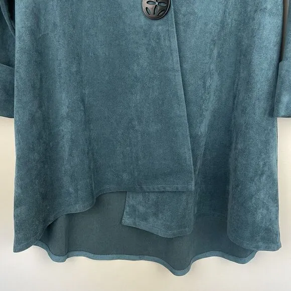 IC by CONNIE K Faux Suede One Button Blazer Jacket Size M Teal Asymmetrical Boho