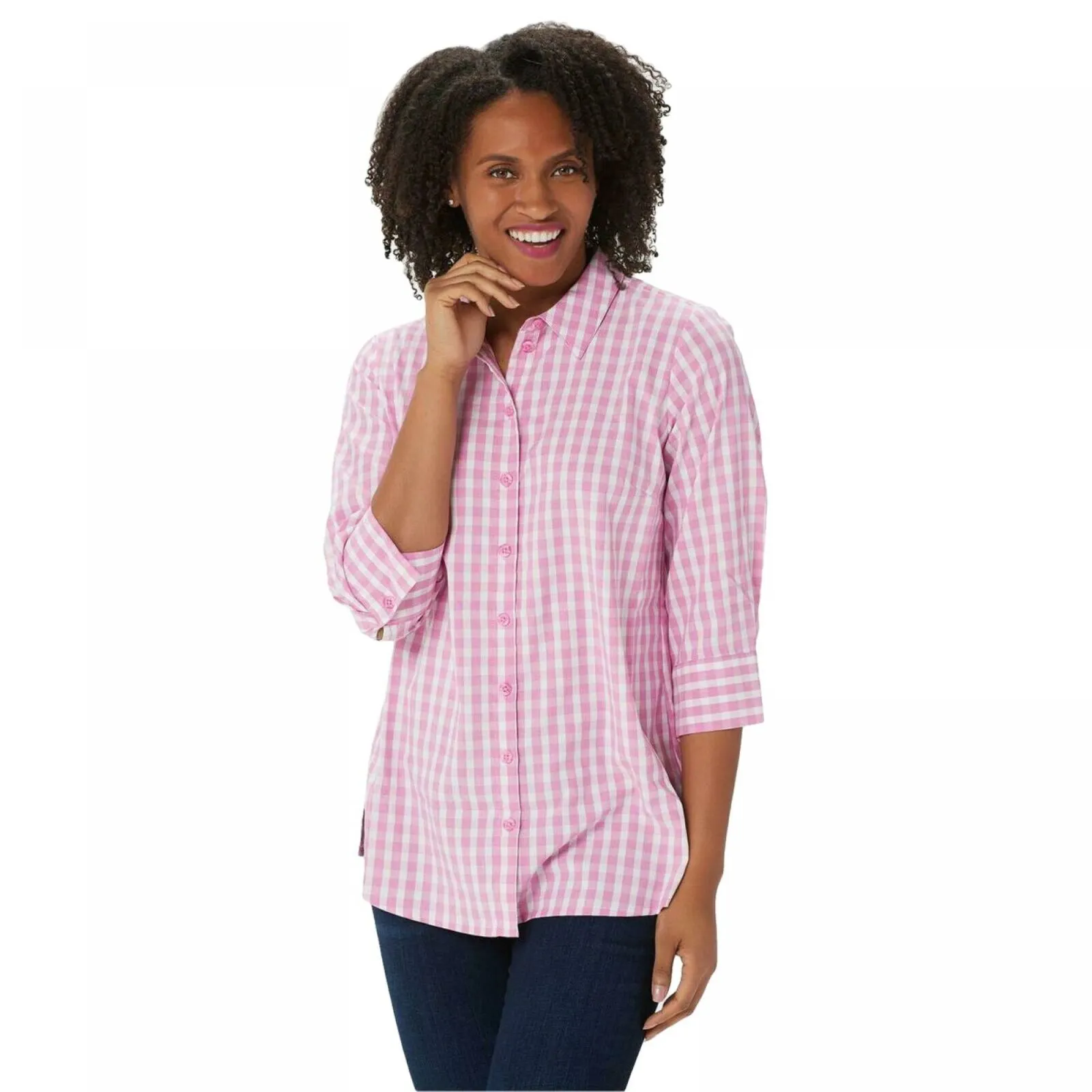 Joan Rivers Plus Size Perfect Gingham Shirt With 3/4 Sleeves