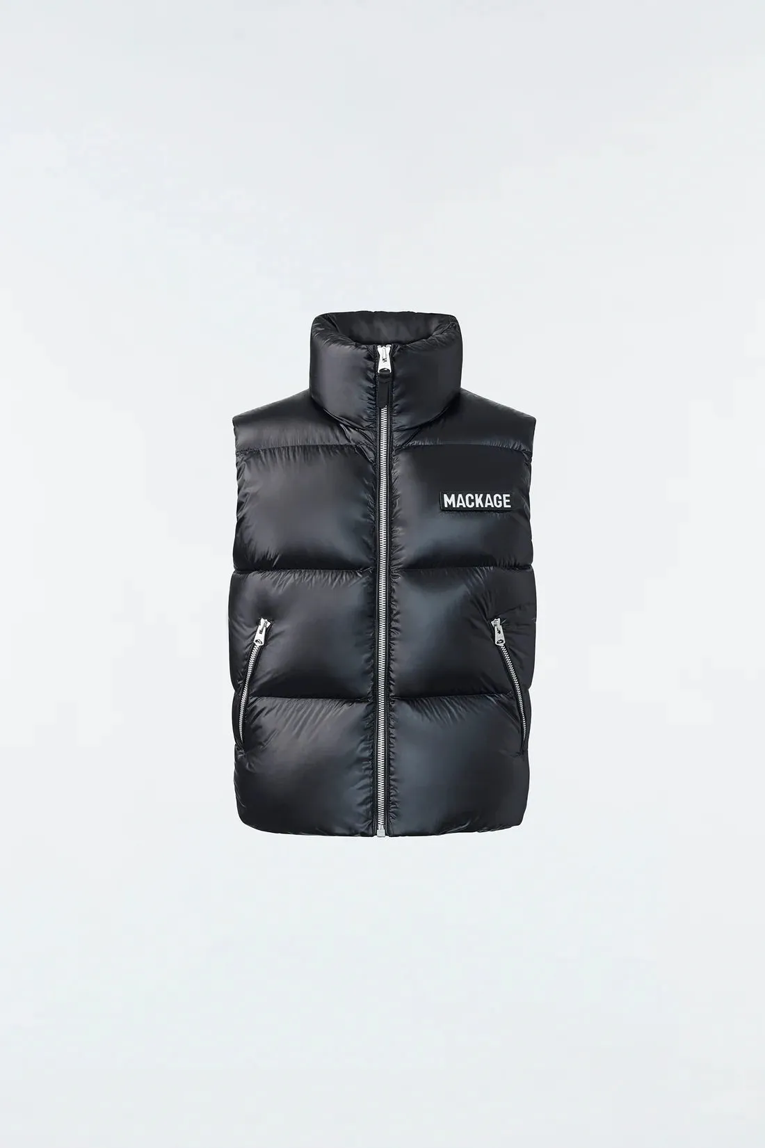 KANE lustrous light down vest with funnel collar