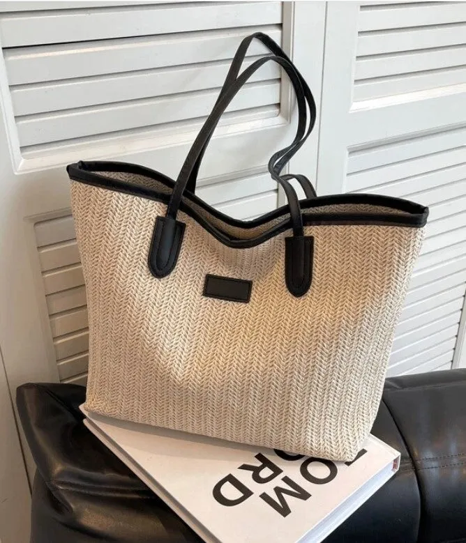 Ladies Double Handle Medium Size Straw Tote Shoulder Bag