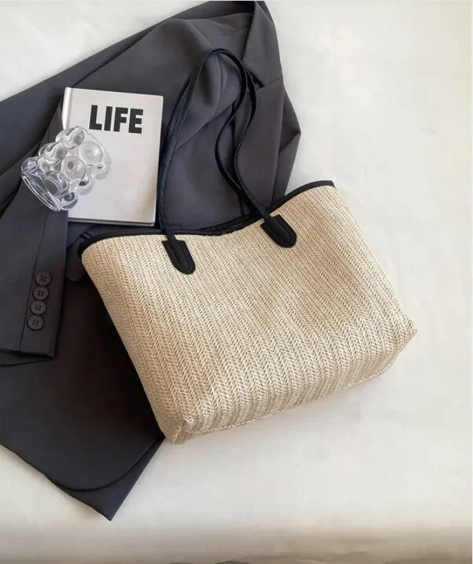 Ladies Double Handle Medium Size Straw Tote Shoulder Bag