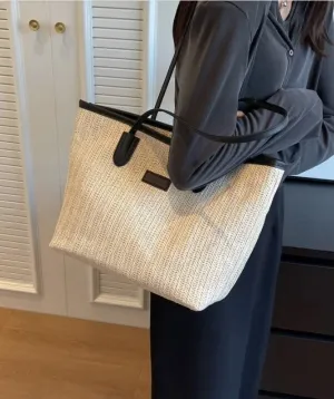 Ladies Double Handle Medium Size Straw Tote Shoulder Bag