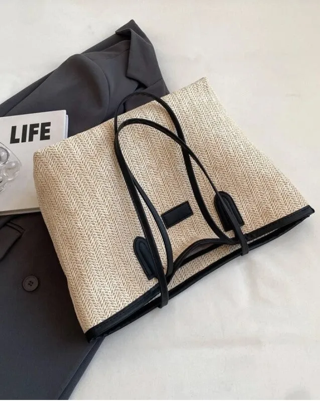 Ladies Double Handle Medium Size Straw Tote Shoulder Bag