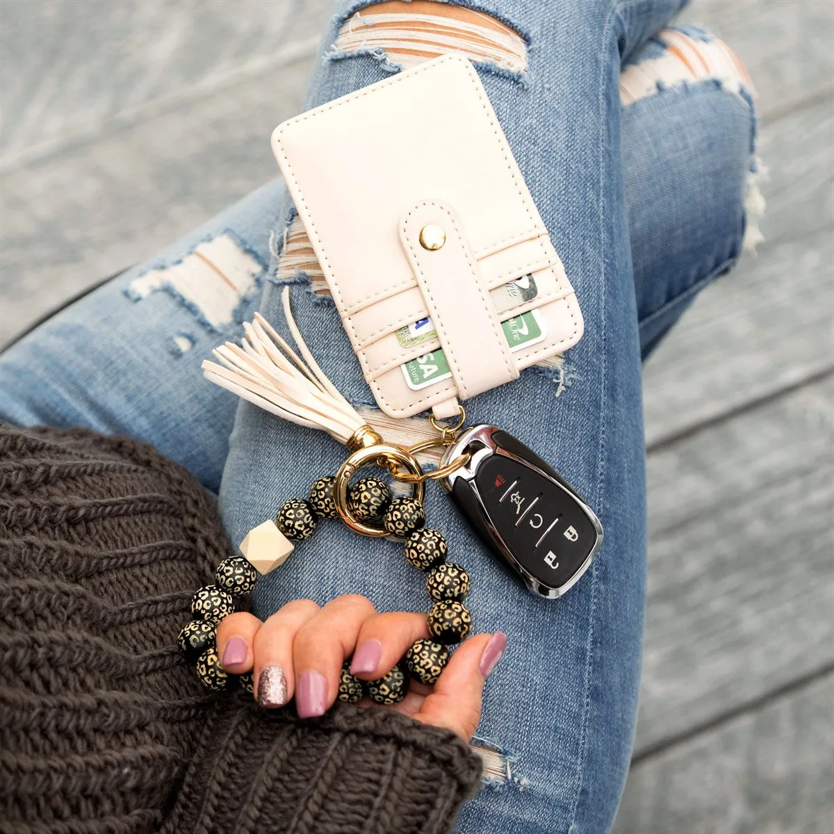 Leopard Beaded Key Ring Wallet Bracelet