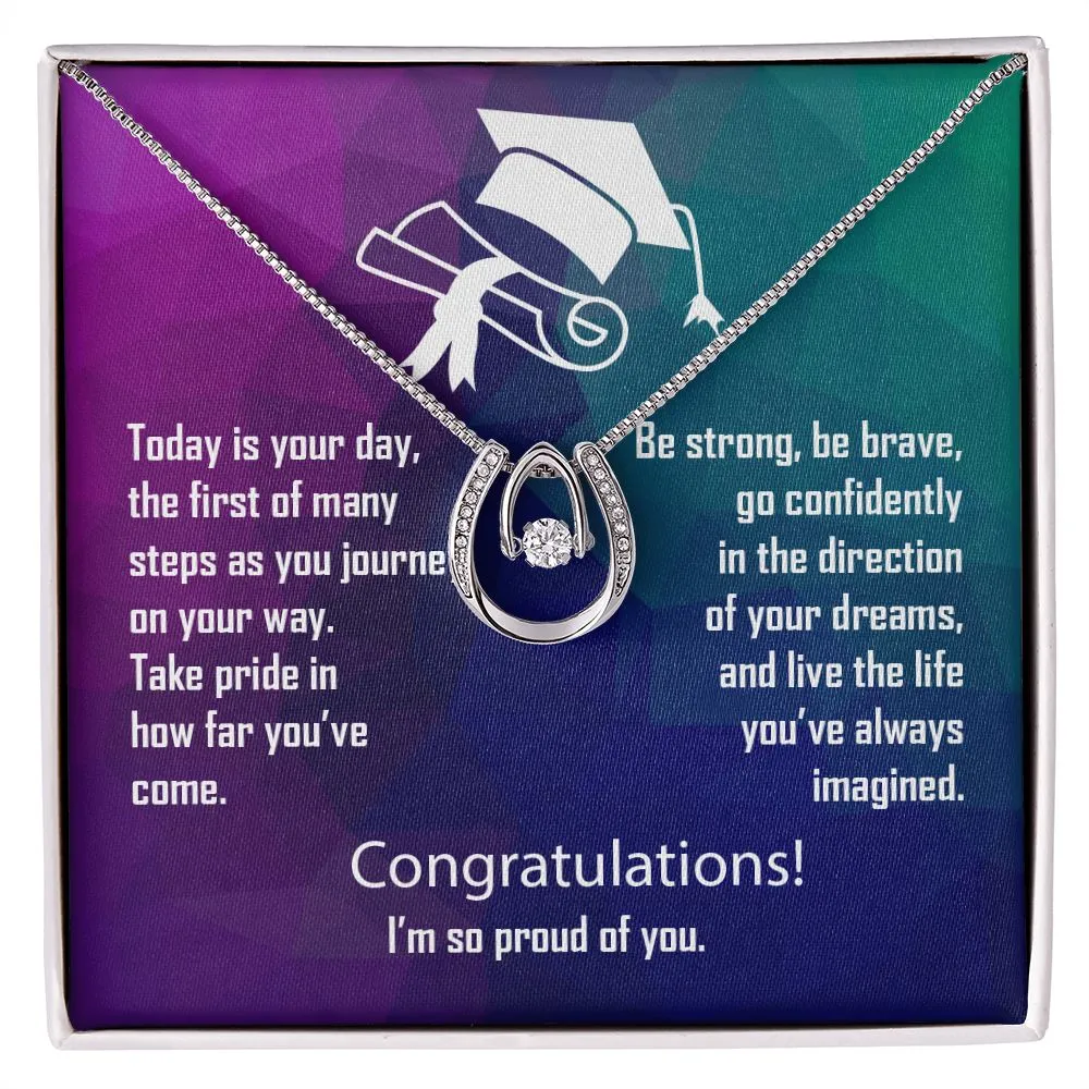 Lucky Horseshoe Pendant with Dancing Cubic Zirconia Necklace - Graduation Gift for Her - HRSENGradM39
