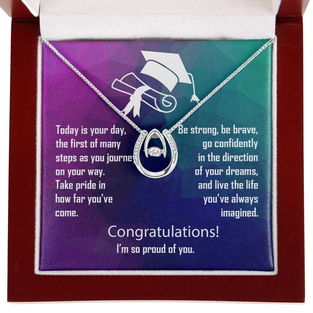 Lucky Horseshoe Pendant with Dancing Cubic Zirconia Necklace - Graduation Gift for Her - HRSENGradM39