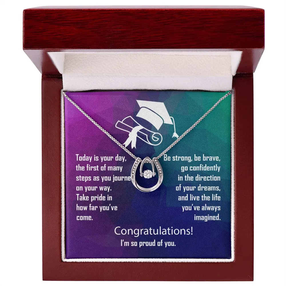 Lucky Horseshoe Pendant with Dancing Cubic Zirconia Necklace - Graduation Gift for Her - HRSENGradM39