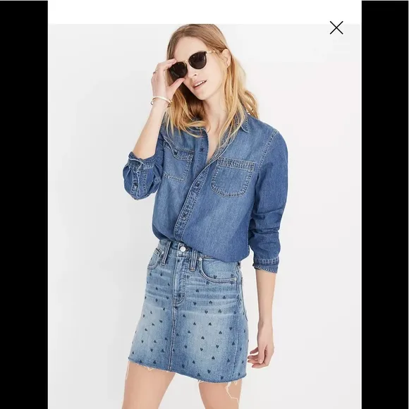 Madewell stretch denim straight mini skirt black heart print edition