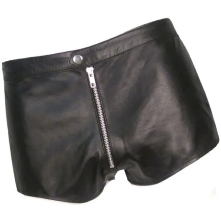 Men Front Zip Closure Real Sheepskin Black Leather Shorts