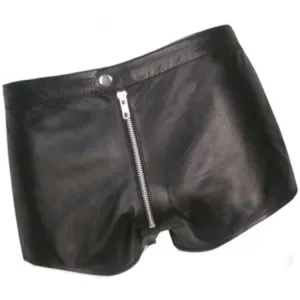 Men Front Zip Closure Real Sheepskin Black Leather Shorts