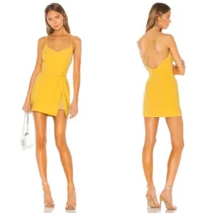 NBD Venice Blvd V-Neck Twist Wrap Knot Mini Dress Yellow XS