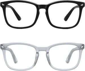 New 2 Pack MEETSUN Blue Light Blocking Glasses, Anti Eye Strain Headache (Sleep Better),Computer Glasses UV400 Transparent Lens, 1 black, 1 grey